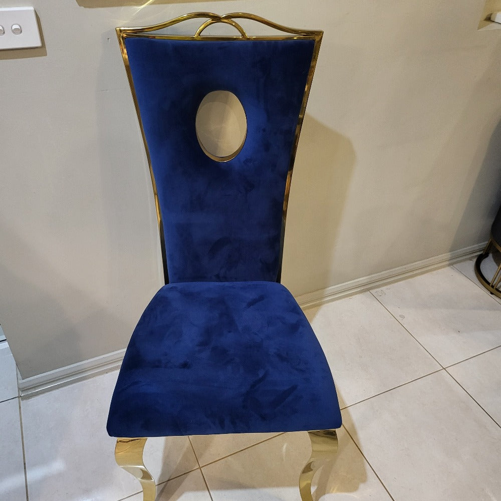 Luxury and Stylish Blue Velvet Cushioned and Comfortable Dining Room Chairs in Gold Stainless Steel Frame