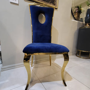 Classic Blue Velvet Cushioned and Comfortable Dining Room Chairs in Gold Stainless Steel Frame