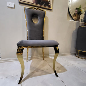 Modern and Classy Grey Velvet Cushioned and Comfortable Dining Room Chairs in Gold Stainless Steel Frame
