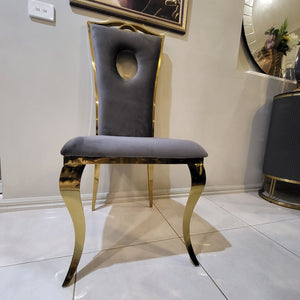 Circle Design Grey Velvet Cushioned and Comfortable Dining Room Chairs in Gold Stainless Steel Frame