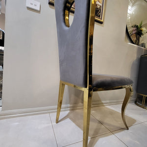 Grey Velvet Cushioned and Comfortable Dining Room Chairs in Gold Stainless Steel Frame