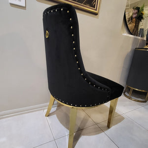 Classy Marble Dining Table With Modern Black Velvet Style Dining Room Chairs in Gold Stainless Steel Frame