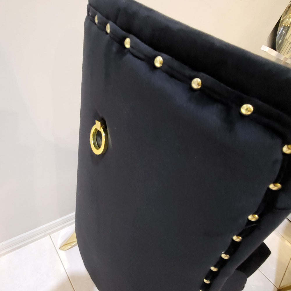 Classy Luxurious and Stylish Elegant Marble Dining table with Gold Modern Black Velvet Dining Room Chairs in Stainless Steel Frame