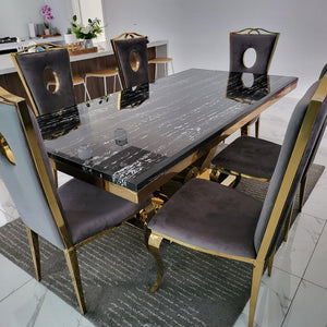 Classy Marble Dining Table With Circle Grey Velvet Style Dining Room Chairs in Gold Stainless Steel Frame