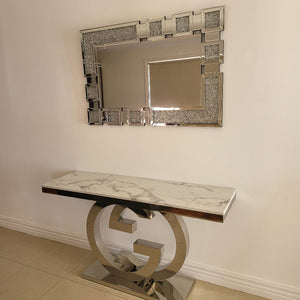 GG Style White Grey Marble Hallway Console Table in Silver Stainless Steel Frame with Diamond Crushed Rectangular Mirror classy