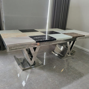 LV Style 8 Seater Marble Dining Table With Silver Classy Black Velvet Stainless Steel Frame Chairs