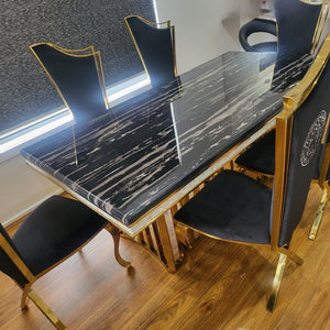 RBM classic Home, Online Furniture Store with Stylish and Elegant Marble Dining table with 6 Gold Versace Black Velvet Dining Room Chairs in Gold Stainless Steel Frame