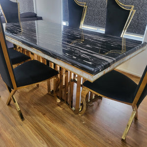 RBM classic Home, Online Furniture Store with Stylish and Elegant Marble Dining table with 6 Gold GG Black Velvet Dining Room Chairs in Gold Stainless Steel Frame