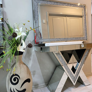RBM Classic Home, Online Furniture Store with Silver Luxury and Stylish Glass AV Shaped Style Console Table and Mirror with Crushed Diamond Glass