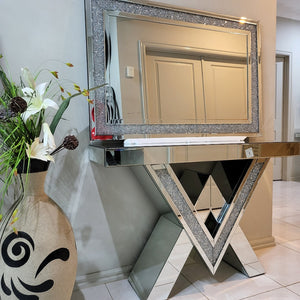 RBM Classic Home, Furniture Store with Mirrored Glass Modern Furniture and Silver Luxury and Stylish Glass Mirror Console Table and Mirror with Crushed Diamond Glass