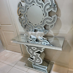 Classy YSL Style / Silver Yves Saint Laurent Hallway Console Table and Mirror with Diamond Crushed Glass.
