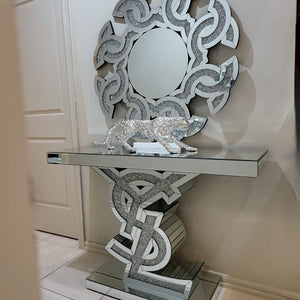 Classy Silver Yves Saint Laurent Hallway Console Table and Mirror with Diamond Crushed Glass.
