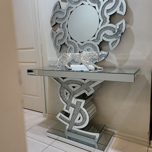 Classy Silver Yves Saint Laurent Hallway Console Table and Circle / Round Mirror with Diamond Crushed Glass