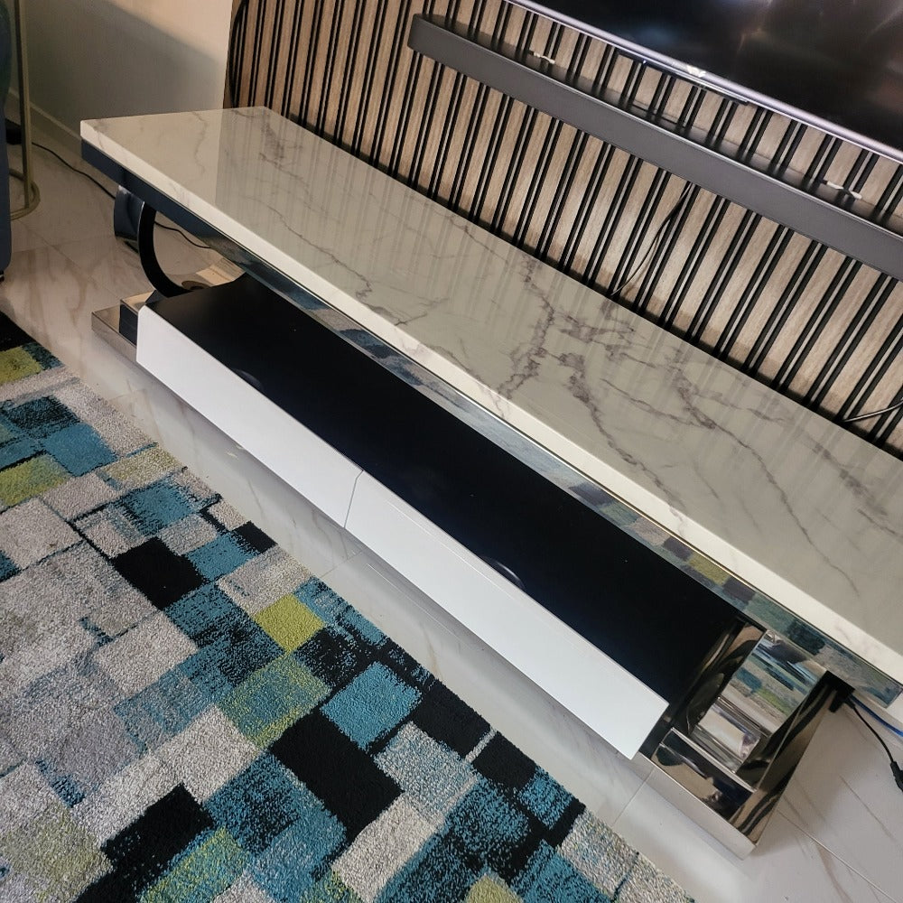 RBM Classic Home Furniture with Classic Modern Marble TV Stand with 2 Drawers in Silver Stainless Steel frame