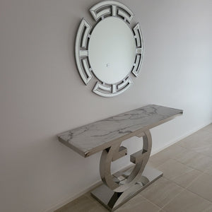 GG Style Marble Hallway Console Table in Silver Stainless Steel Frame with Circle Mirror classy