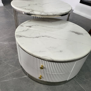Circle / Round Silver Stylish Nested Marble Coffee Tables, 2 pieces in White MDF Stylish Modern Material