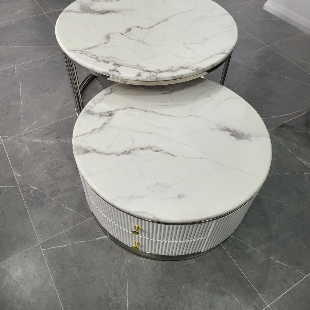 RMB Classic Home Online Shop / Store with a Range of Luxurious Circle / Round Gold Nested Marble Coffee Tables, 2 pieces in White MDF Stylish Modern Material
