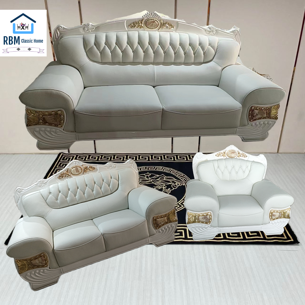 White genuine deals leather sofa set