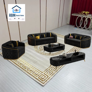 Luxury, Stylish and Comfortable Sofas / Couches in Black Velvet Material with Golden trims