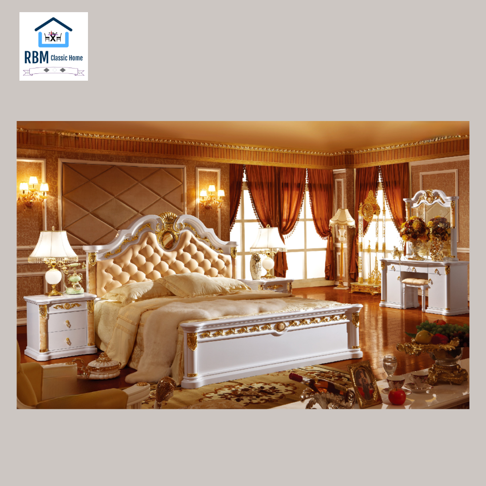 Traditional Bed Set/suite that include a bed, mattress, two side tables, a dressing table and a stool in modern MDF Material.