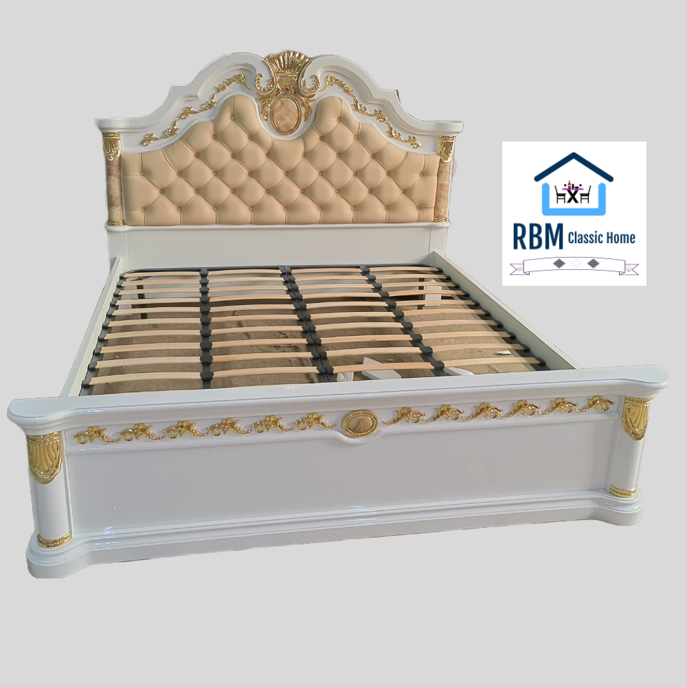 Traditional Cream Leather Bed Set/suite includes a Bed, Mattress, Two Side Tables, a Dressing Table and a Stool in Classy Modern MDF Material.