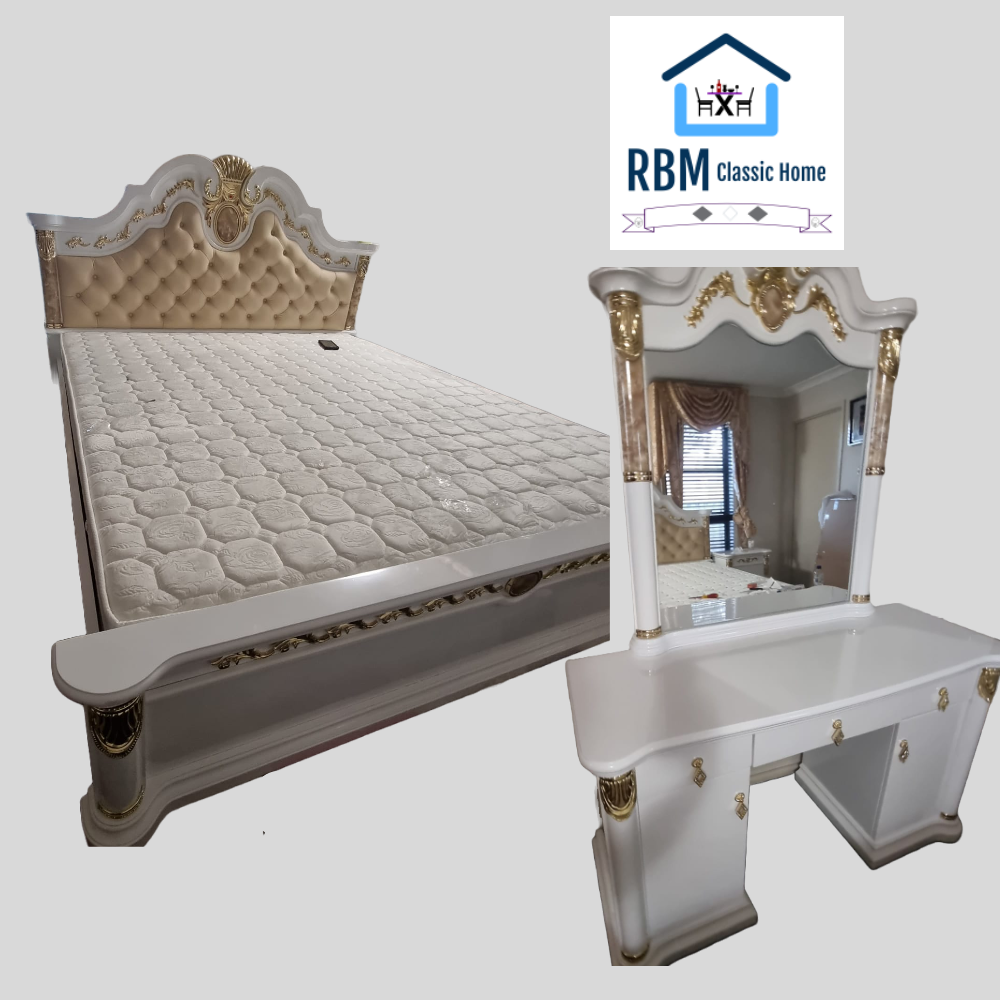 Traditional Bed Set/suite includes a Bed, Mattress, Two Side Tables, a Dressing Table and a Stool in Classy Modern MDF Material. In Cream Leather on Bed Head