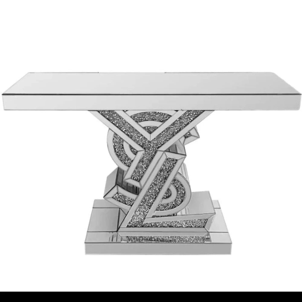 Luxury and Stylish Glass Mirror Console Table in Silver with Crushed Diamond Glass