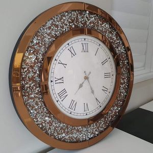 Rose Gold Diamond Crushed Glass Mirrored Silent Wall Clock with an Elegant, Luxurious Look for Perfect Decoration in Classic