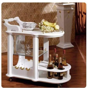 RBM Classic Home Online Furniture Shop / Store with Classic White Wood Wine Trolley for 8 Bottles of Wine, Wine Glass and Serving Fruit Tray