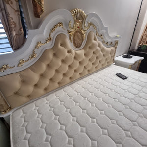 Traditional Bed Set/suite includes a Bed, Mattress, Two Side Tables, a Dressing Table and a Stool in Classy Modern MDF and Cream Leather Material.