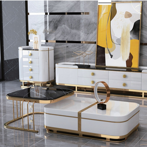 Classy Nested Marble Coffee Table with Bronze Stainless Steel in White Wood Material