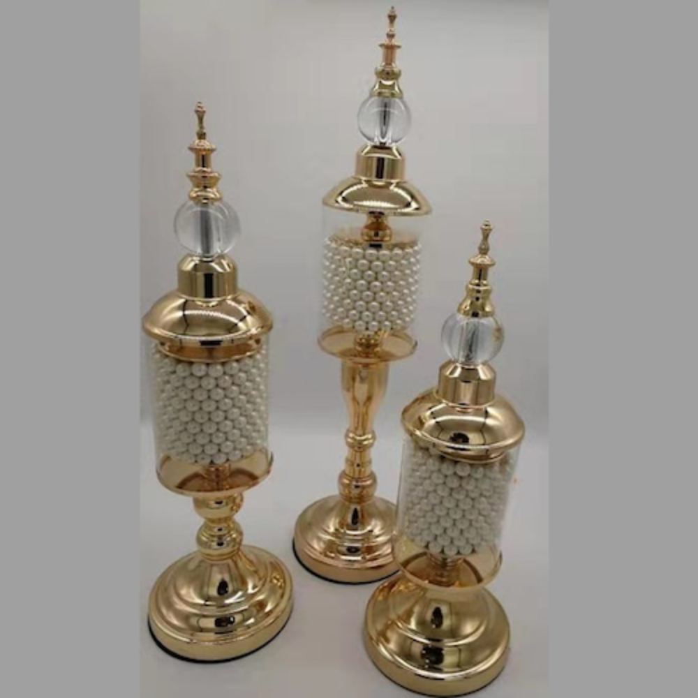 Silver Decoration Stick with White pearls and Stainless Steel Frame, Set of 3