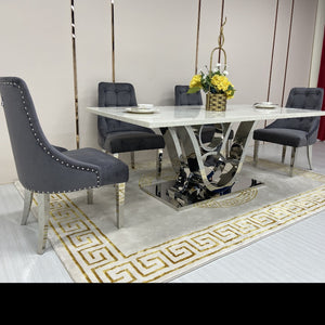 Marble Dining Table and 6 Chairs in silver Stainless Steel frame