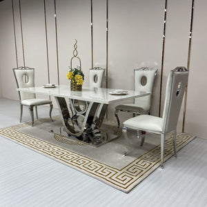 Marble Dining Table and 6 Chairs with silver Stainless Steel frame