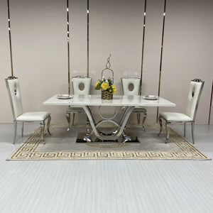 V8 Style Marble Dining Table and 6 White Leather Dining Room Chairs in silver Stainless Steel frame