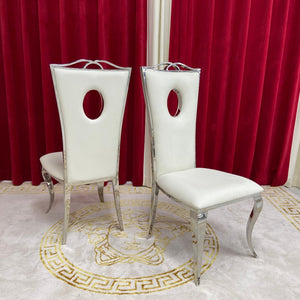 Marble Top Dining Table with Stainless Steel Frame and 8 Modern Circle White Leather Dining Room Chairs