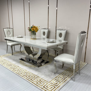 RBM Classic Home Online Furniture with Top Selling Dining Table Cream Marble Top and 6 Stainless Steel Chairs