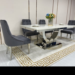 Elegant Marble Dining Table with 6 Chairs in Silver Stainless steel frame
