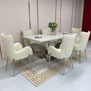 Classy Marble Dining Table with 6 Cream Leather Chairs in Silver Stainless steel frame