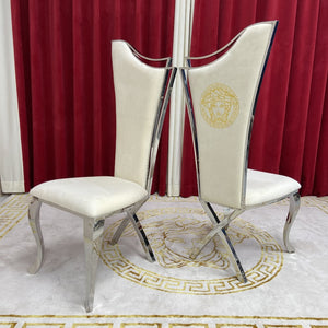 White Velvet Dining Chairs with silver stainless steel frame