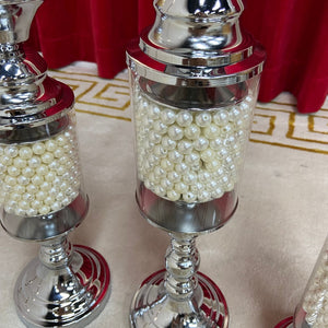 Modern Candleholders / Candle Sticks in Silver Stainless Steel Frame With White Pearls