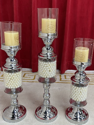 Modern Classy Sparkling Silver Candleholders / Candlesticks with decoration Candles in Set of 3