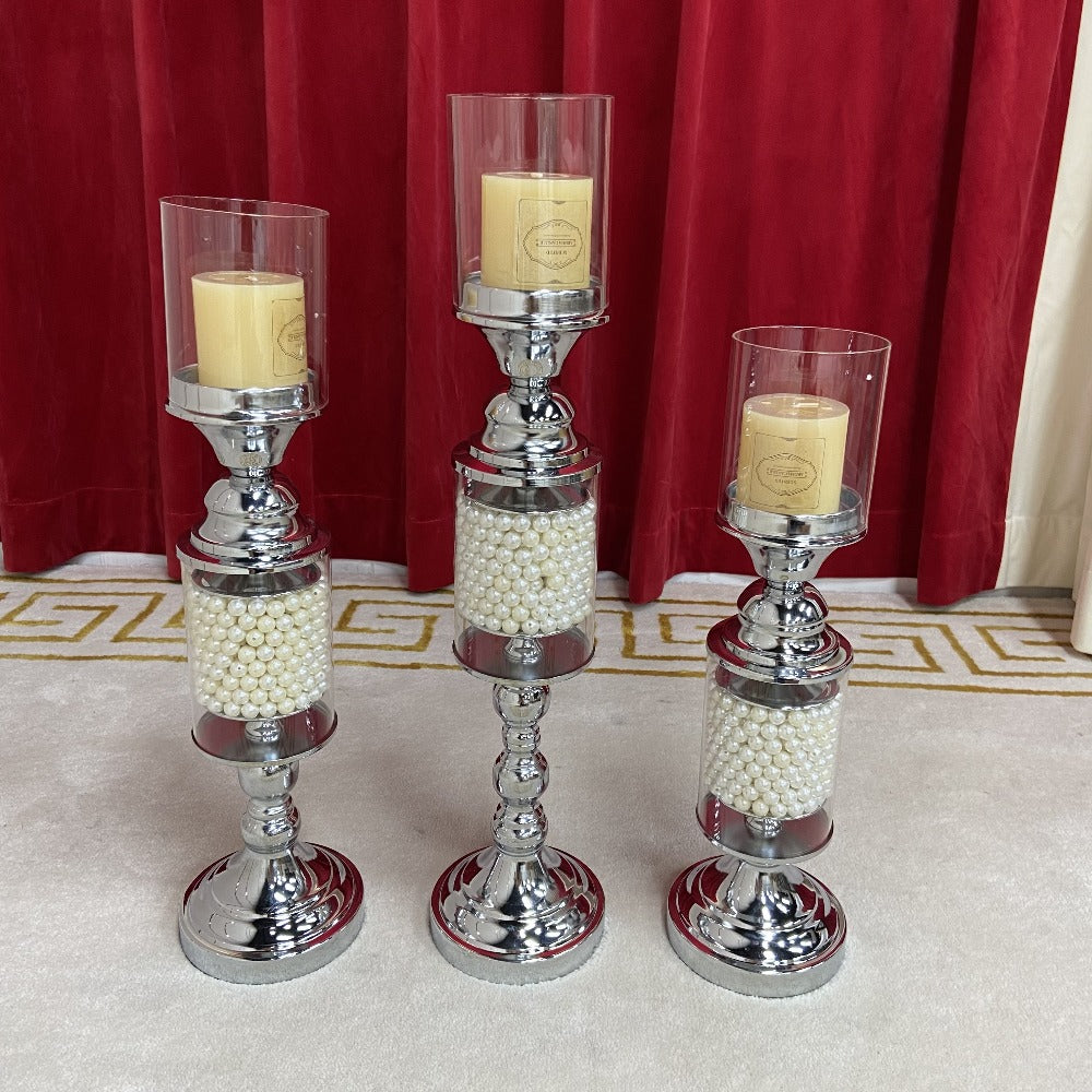 Modern Classy Sparkling Silver Candleholders / Candlesticks with decoration Candles in Set of 3