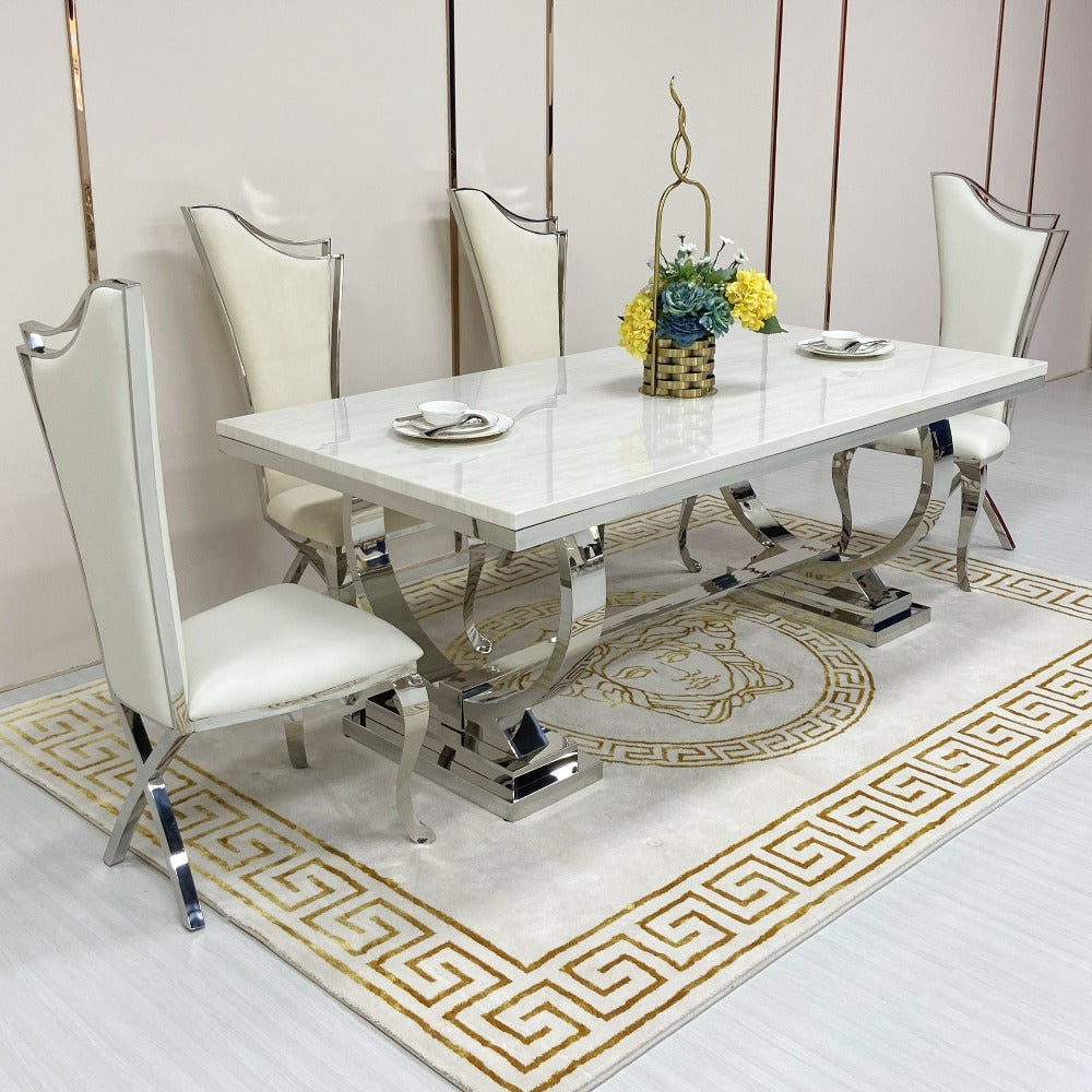 Rectangular Marble Dining Table with Silver Stainless Steel frame