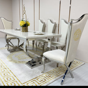 Marble Dining Table with 8 classy Dining Room Chairs in Silver Stainless Steel frame
