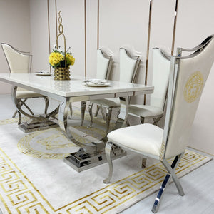 Classy Rectangular Marble Dining Table with Silver Stainless Steel frame