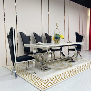 Marble Dining Table with 8 Dining Room Chairs in Silver Stainless Steel frame