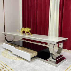 Marble TV Stand with 2 drawers in Stainless Steel frame in Silver