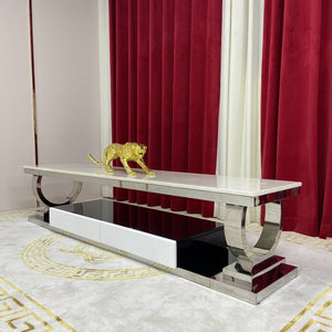 Marble TV Stand with Stainless Steel frame in Silver