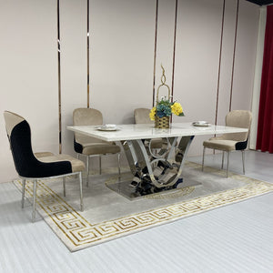 V8 Style Marble Dining Table and 6 White and Black Velvet Dining Room Chairs in silver Stainless Steel frame